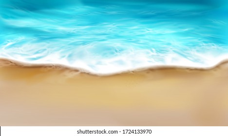 Top view of sea wave with foam splashing on beach with sand. Blue ocean foamy water splash on coastline background. Nature surface at summer day, nautical seascape, realistic 3d vector illustration