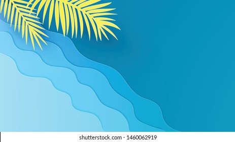 Top view of sea with sea wave and tropical leaves. Graphic design for Summer. paper cut and craft style. vector, illustration.
