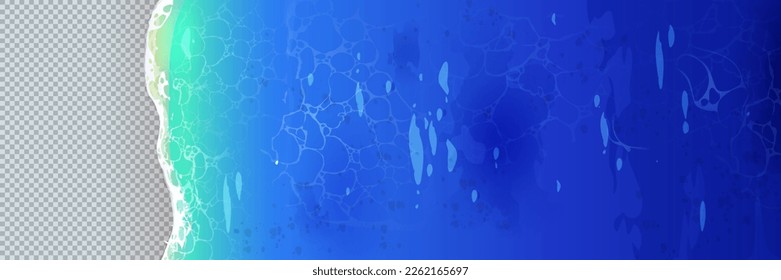 Vistas al mar sobre fondo transparente. Dibujo de textura de agua aislada con salpicaduras de espuma blanca. Marco náutico del océano azul para el diseño tropical de volante o promoción de viajes.