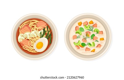 Top view of seafood dishes set. Delicious and fresh dishes served on plates with vector illustration