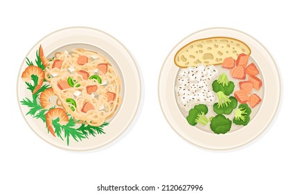 Top view of seafood dishes set. Shrimps and salmon slices served on plates with noodles and rice vector illustration