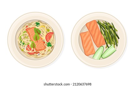 Vista panorámica de los platos de marisco. Pescado de salmón con espagueti y verduras servidos en placas ilustraciones vectoriales