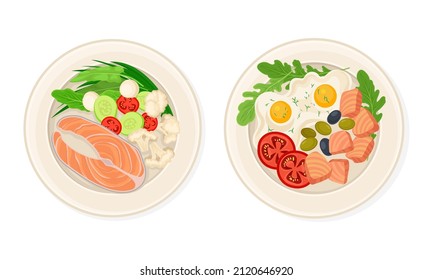 Top view of seafood dishes set. Salmon fish served on plates with vegetables and eggs vector illustration