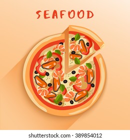 Top View of Seafood Pizza : Vector Illustration