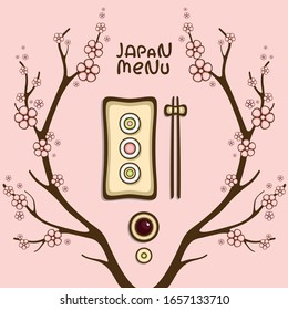 Arriba ver Ramas de mariscos y sakura. Plantilla para el diseño del menú con viñeta floral. Ilustración vectorial para la decoración del menú Hanami.