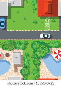 Top view of the seamless pattern landscape city. Urban crossroads with cars and houses, pedestrians. Background town map pattern streets, intersection roof and buildings.