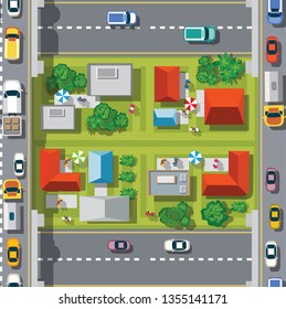 Top view of the seamless pattern landscape city. Urban crossroads with cars and houses, pedestrians. Background town map pattern streets, intersection roof and buildings.