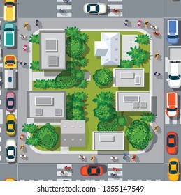 Top view of the seamless pattern landscape city. Urban crossroads with cars and houses, pedestrians. Background town map pattern streets, intersection roof and buildings.