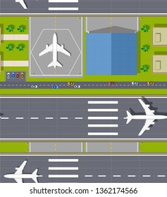 Top view of the seamless pattern plane airport. Terminal with aircraft and airplane. Background town map pattern streets, runway and buildings.