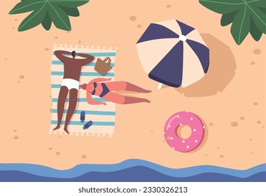 Top View Of A Serene Beach Scene, With A Couple Lying On The Sandy Shore, Enjoying The Sun And Peaceful Surroundings