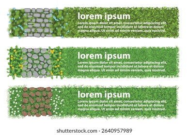 Top view of a set of banners with a vector image of a stone path among lush green grass and flowers. Landscape design. View from above. Spring and summer. Aerial.