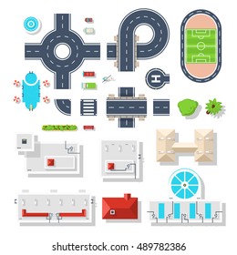 Top view set of city elements like various road junctions vehicles  plants and different buildings isolated vector illustrations