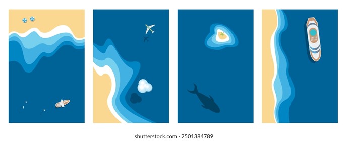 Top view of a set of colour minimalistic vector illustrations the coastline of sea,  island, airplane above the sea, yacht, beach umbrellas, seagulls, clouds, cruise ship. View from above