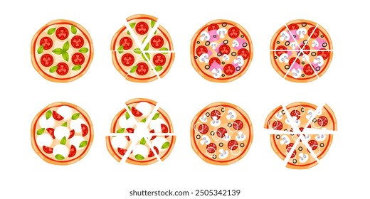 Top view of a set of delicious pizzas with various toppings, both whole and sliced into eight slices