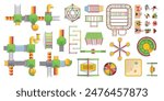 Top view. A set of elements for a children's outdoor playground, slides, stairs, houses, swings, sandboxes, mazes, children, parents sitting on a bench. Vector illustration. View from above