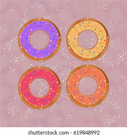 Top view set of four tasty donuts with colorful glaze. Flat style vector illustration