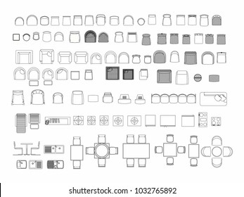 Top view of set furniture elements outline symbol for dining room, office, cafe, kitchen and living room. Interior icon chair, sink, table and sofa. - Shutterstock ID 1032765892