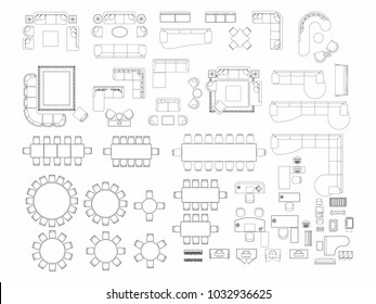 Top view of set furniture elements outline symbol for dining room, office, working, living room and accessories. Interior icon chair, table and sofa.