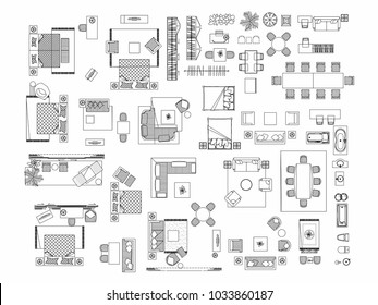 Top View Of Set Furniture Elements Outline Symbol For Bedroom, Kitchen, Bathroom, Dining Room And Living Room. Interior Icon Bed, Chair, Table And Sofa.