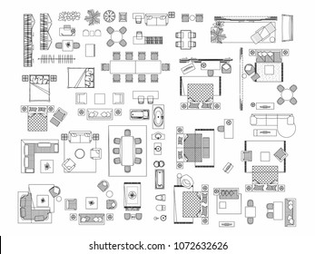 Top view of set furniture elements outline symbol for bedroom, kitchen, bathroom, dining room and living room. Interior icon bed, chair, table and sofa.