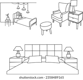 Top view of set furniture elements outline symbol for bedroom, kitchen, dining room and living room. Interior icon bed, chair, table and sofa.