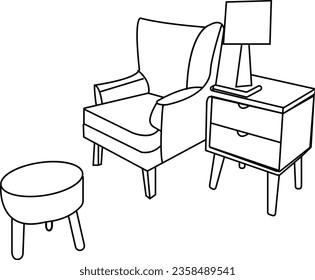 Top view of set furniture elements outline symbol for bedroom, kitchen, dining room and living room. Interior icon bed, chair, table and sofa.