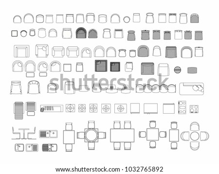 Top view of set furniture elements outline symbol for dining room, office, cafe, kitchen and living room. Interior icon chair, sink, table and sofa.