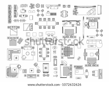Top view of set furniture elements outline symbol for bedroom, kitchen, bathroom, dining room and living room. Interior icon bed, chair, table and sofa.