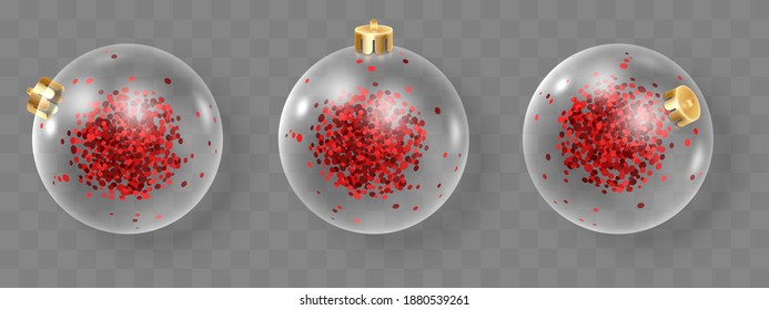 Top view, set of glass Christmas toys, decorations, balls with red confetti isolated on transparent background. Holiday illustration for postcard, banner, cards, decor, design, arts, advertising.
