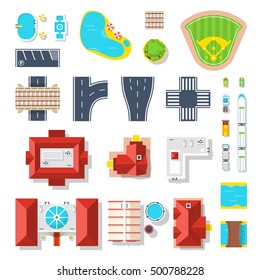 Top view set of houses pools vehicles road junctions and other city elements isolated vector illustration