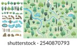 Top view of a set of icons for a park area, backyard, estate, forest, camping, forest. Trees, shrubs, paths, sidewalks, ponds, bridge, river,  lantern, tent, bonfire. View from above. 