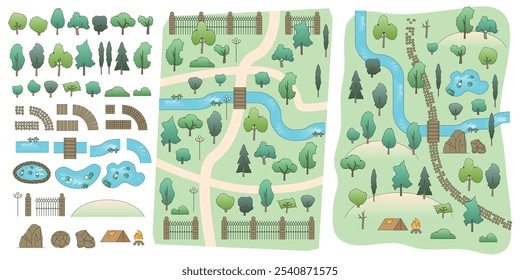 Vista superior para um conjunto de ícones para uma área de parque, quintal, propriedade, floresta, acampamento. Árvores, arbustos, caminhos, calçadas, lagoas, ponte, rio, lanterna, tenda, fogueira. Vista de cima. 
