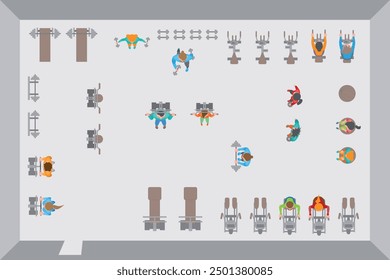 Top view of a set of isolated color vector illustrations for creating a fitness club: exercise machines, treadmills, benches with barbells, kettlebells, dumbbells, people doing sports. View from above