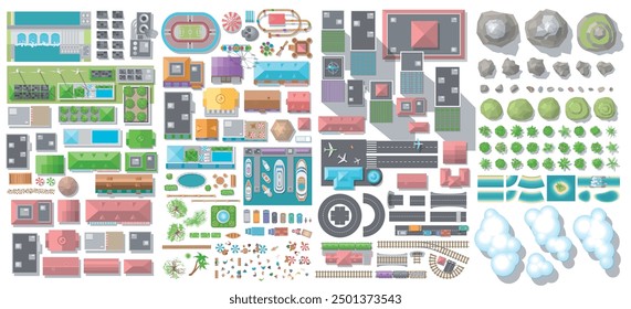 Top view of a set of isolated colour vector illustrations to create an urban space: airport, seaport, ecological power stations,  buildings, hills, trees, coastline, island, cloud, railway, stadium.