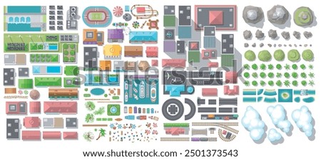 Top view of a set of isolated colour vector illustrations to create an urban space: airport, seaport, ecological power stations,  buildings, hills, trees, coastline, island, cloud, railway, stadium.