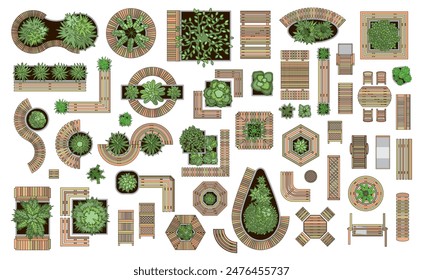 Draufsicht. Gruppe von isolierten Elementen für Landschaftsgestaltung, Holzpfade und Deckenbäume, Bänke, Blumenbeete, Büsche, Bäume, Tisch und Stühle. Picknickplatz. Vektorillustration. Blick von oben. 