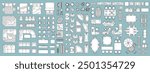 Top view of a set of isolated vector linear illustrations for creating interior design: beds, sofas, bathrooms, sinks, toilets, tables, chairs, terrace, plants, carpets.