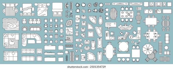 Draufsicht auf einzelne lineare Vektorgrafiken zur Erstellung von Innenarchitekturen: Betten, Sofas, Bäder, Waschbecken, Toiletten, Tische, Stühle, Terrasse, Pflanzen, Teppiche.