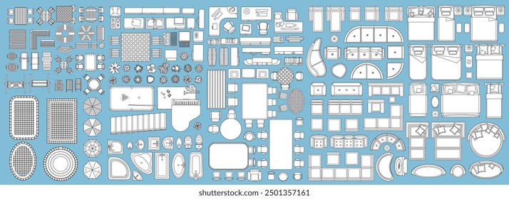 Vista superior de un conjunto de ilustraciones lineales de Vector aisladas para crear diseño de interiores: camas, sofás, baños, lavabos, inodoros, mesas, sillas, terraza, plantas, alfombras, piano de cola