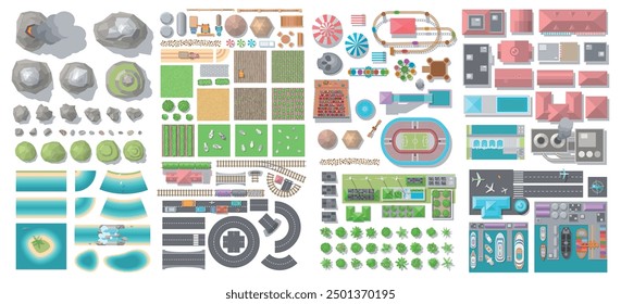 Top view of a set of isolated vector colour illustrations to create an urban space: airport, seaport, roads, houses, hills, lawns, coastline, sea, reservoirs, railway, park, stadium. View from above.