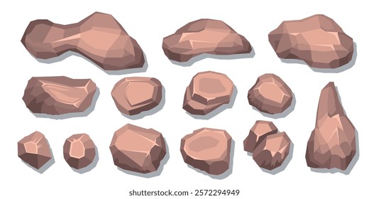 Top view of a set of isolated vector images of brown boulders of various shapes. View from above