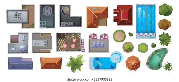 Top view set of landscape and architectural elements. Objects for cityscape and garden. City map or plan. Building roofs, plants and pools. Cartoon flat vector collection isolated on white background - Shutterstock ID 2287935933