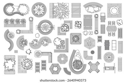 Top view of set of linear isolated vector icons. Outdoor, patio, garden, backyard furniture. View from above. Aerial. Design project.