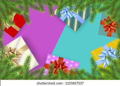 top view of set of present gift box and ribbon bow with christmas tree frame. concept design for greeting card, banner or sales promotion on christmas and new year seasonal in vector