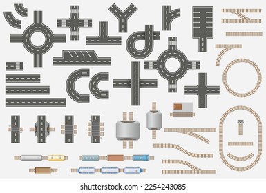 Top view set of railway and road elements, trains and cars for city map. Transport kit for design of town, country plan. Seamless constructor of City transport. Car, station, train, wagon, locomotive