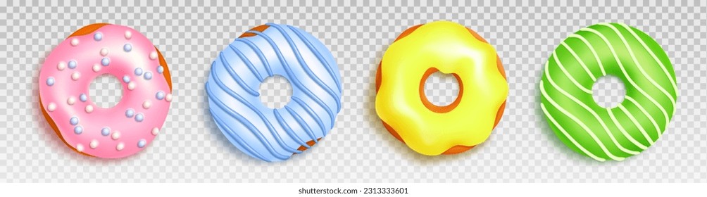 Top view set of realistic donuts isolated on transparent background. Vector illustration of circle sweet snack with colorful icing and topping. Delicious baked frosted dessert, yummy confectionery