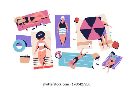 Top View, Set Of Sunbathing People In Beachwear Relaxing On Beach In Summer. Women Chill Under Umbrella, On Sand, Blankets On Vacation. Flat Vector Cartoon Illustration Isolated On White Background
