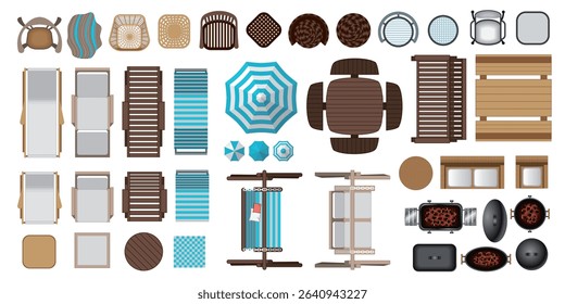 Top view of set of vector isolated icons. Outdoor, patio, garden, backyard furniture. Tables, chairs, sunbeds, umbrellas, swing, barbecue. View from above. Aerial. Outdoor design and decoration