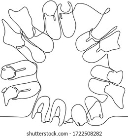 Top view: seven pairs of feet of friends in a circle. One continuous line of art company of loved ones became a tight ring, all legs are directed to the center. Can be used for animation.