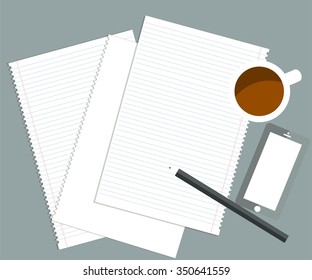 Top view sheets of of paper, a pencil, a cup of coffee, phone
